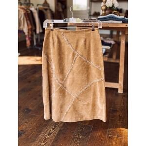 Faded Glory Tan Suede Midi Skirt with Stitch Detail